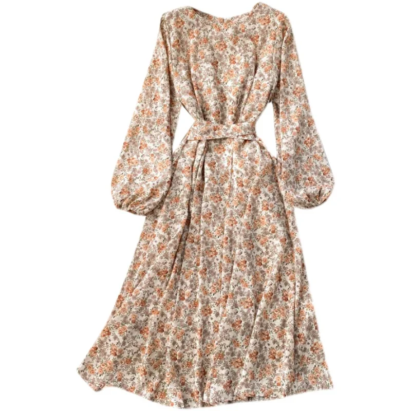

Women French Floral Dress Autumn Puff Sleeve O Neck Lace up A-line Dresses Retro Bohemian Print Streetwear Midi Dress