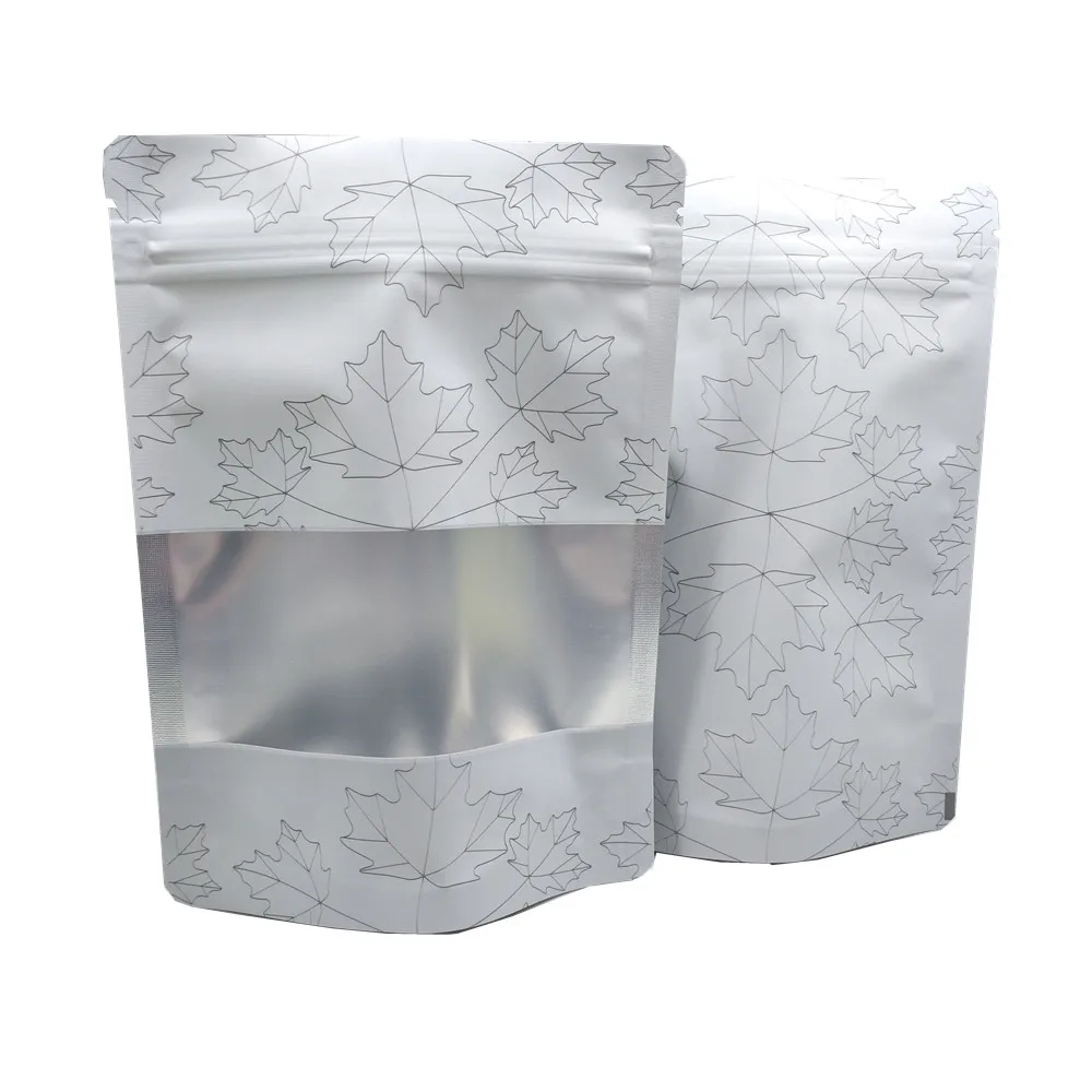 

50Pcs/Lot White Mylar Foil Stand Up Bag Maple Leaf Printed Frosted Window Zip Lock Tear Notch Doypack Food Snack Tea Pouches