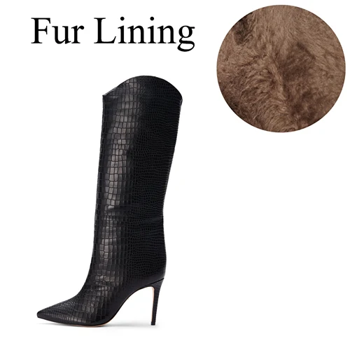 Fur lining Черные сапоги до колена г. Женские высокие сапоги на высоком каблуке черного цвета Модная Осенняя обувь с острым носком женская обувь с животным принтом - Цвет: Fur lining
