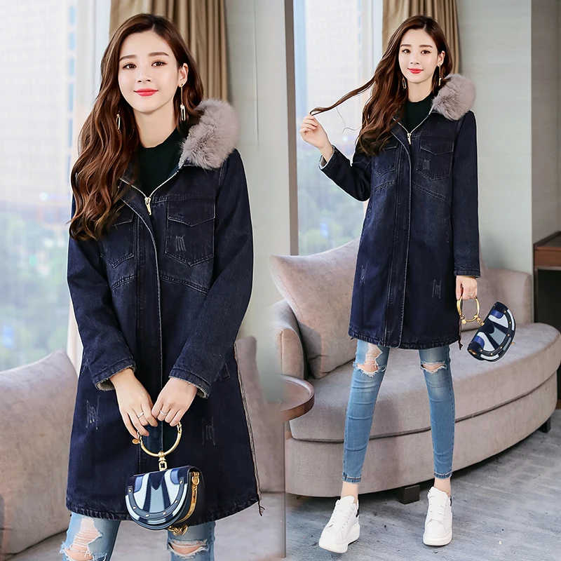 2019 зима осень женский джинсовый плащ синяя куртка джинсы Длинная ветровка