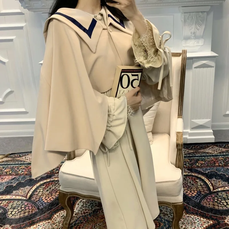 

Autumn Women Two Piece Sets Japanese Sweet Short Cloak Cape Long Sleeve Lapel Kawaii Dress Vintage Preppy Style Matching Sets