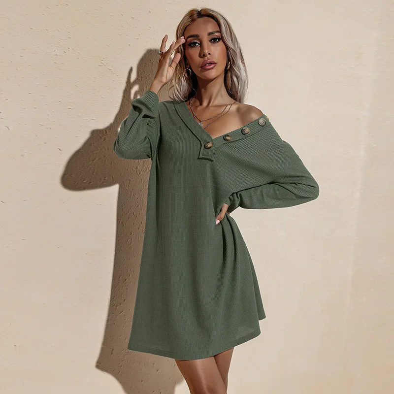 

LUOYIYANG V-neck Button Sexy Package Hip Knit Dress Women's Autumn and Winter Fashion Loose Casual Solid Color Woman Dresses