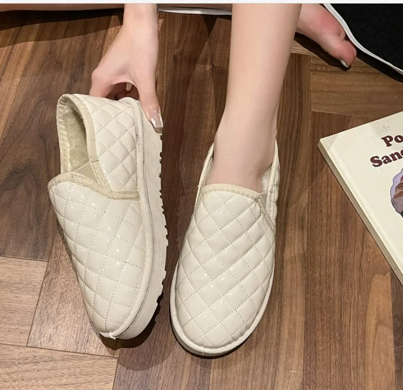 

Soft Warm Loafers PU Casual Female Shoe Slip-On Winter Plush Furry Inside Comfort Beige Black Gingham Women Flat Shoes