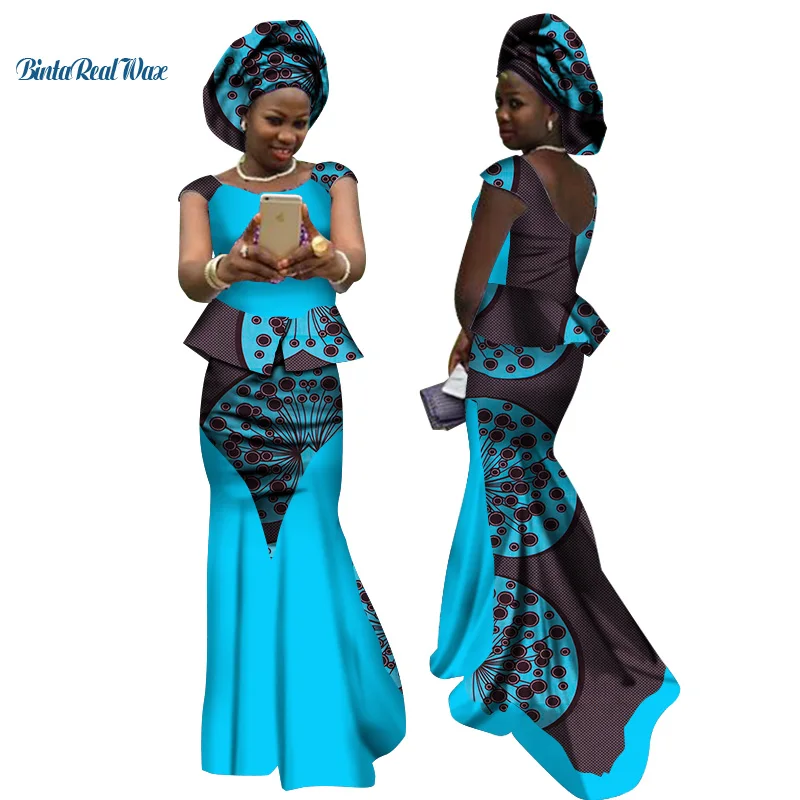 

New African Traditional 2 Piece Skirt Sets Splice Clothing Bazin African Print Tops and Skirt Sets with Headtie for Women WY2671