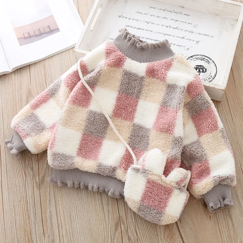 

Gooporson Winter Warm Fleece Thickened Tops Fashion Korean Plaid Sweatshirt with Bag Christmas Little Girls Clothes Outfits