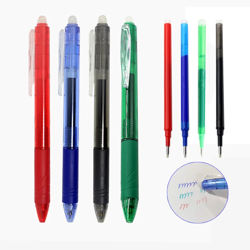 05mm Office Erasable Gel Pen Set Button Slide Press Magic Erasable Pen Refill Rods RedBlueBlackGreen Ink School Stationery