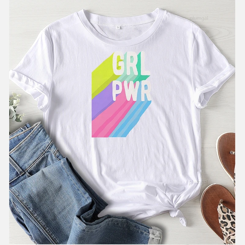 Футболка женская с принтом GRL PWR оверсайз топ графическим круглым вырезом в стиле