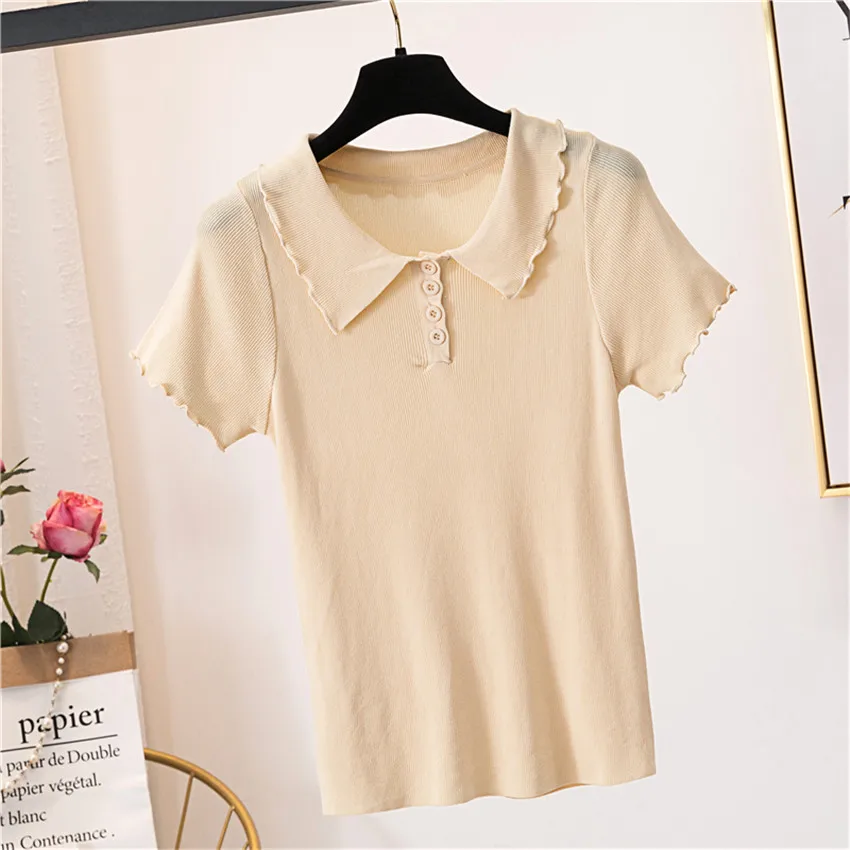 

2020 Summer Solid T Shirt Women Short Sleeve Knitted Tops Slim Fit t shirt Harajuku Tshirt Korean Fashion Tee Shirt Femme