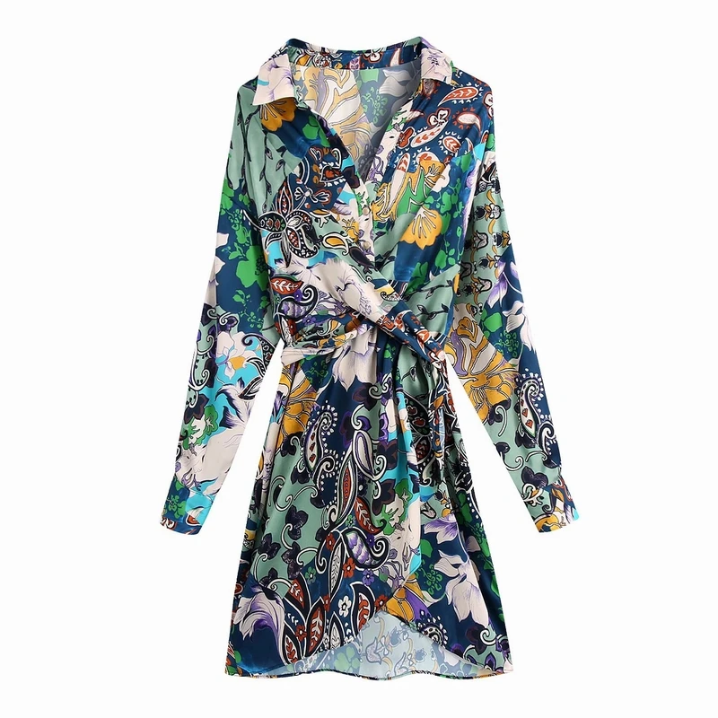 

Stylish Women Dress Autumn 2021 New Fashion Long Sleeve Floral Prints Back Bow V-neck Above Knee Feminino Vestidos