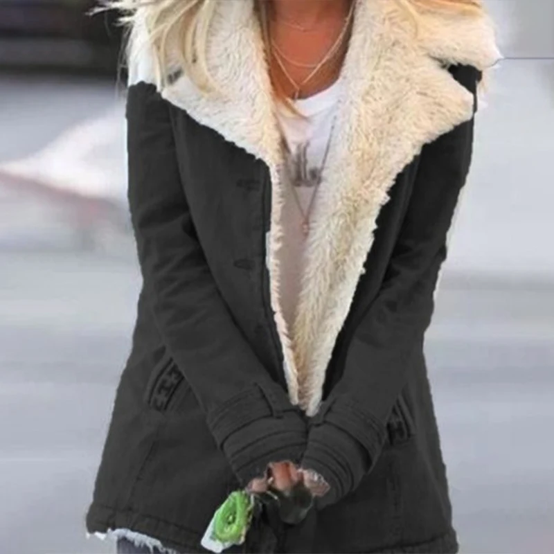 

Thick Cotton Women's Jacket Faux Fur Winter Coat Warm Solid Lady Hooded Coats Oversized Outerwear Casual 5XL Female Lapel Jacket