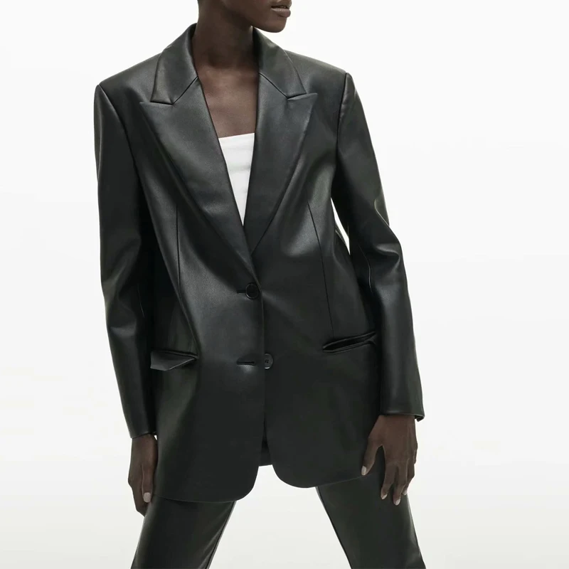 

ZA Elegant Black PU Blazer Women Casual Long Sleeve Single Button Office Suit Jacket Winter Autumn Ladies Korean Blazer 2021 New