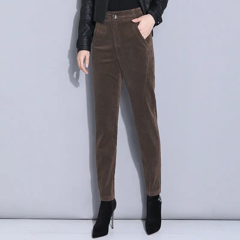 Corduroy Pants Womens Office Lady Suit Pants High Waist Spring and Autumn Elastic Harem Pants Casual Straight Trousers Stretch
