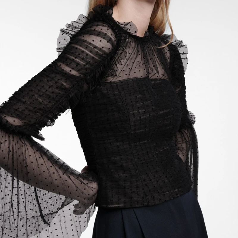 

Black Polka Dot Tops Woman Long Sleeve See Through Blouses 2020