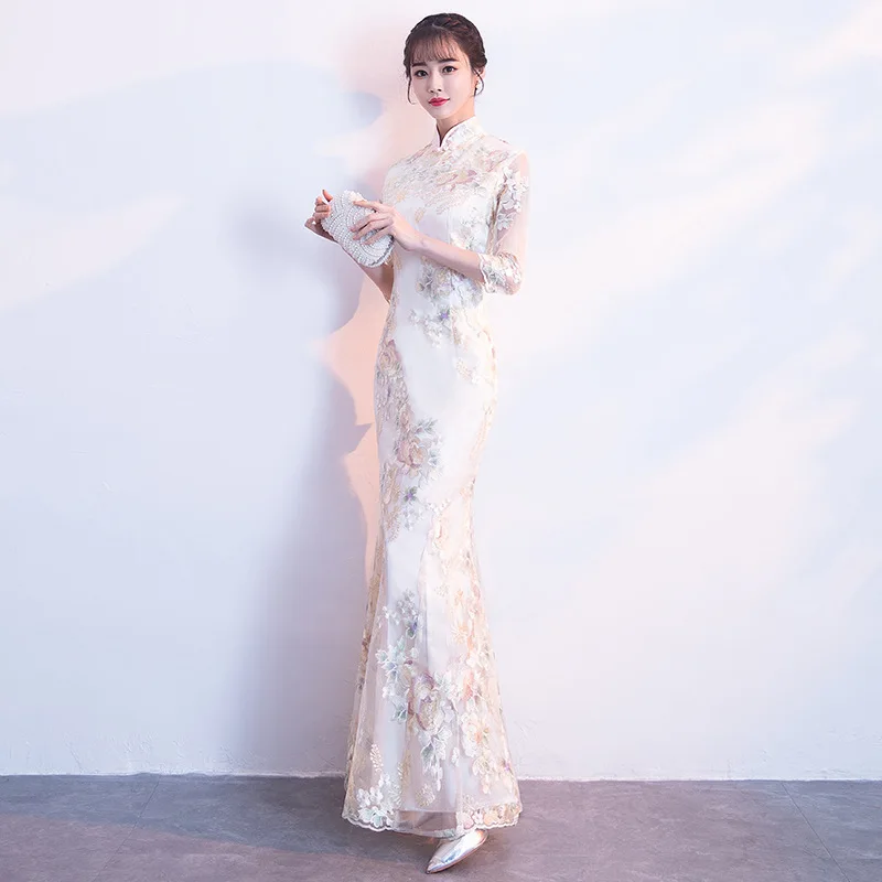 

Mesh Mermaid Slim Evening Party Gown Sexy Lace Embroidery Cheongsams Women Mandarin Collar Elegant Chinese Dress Vintage Qipao