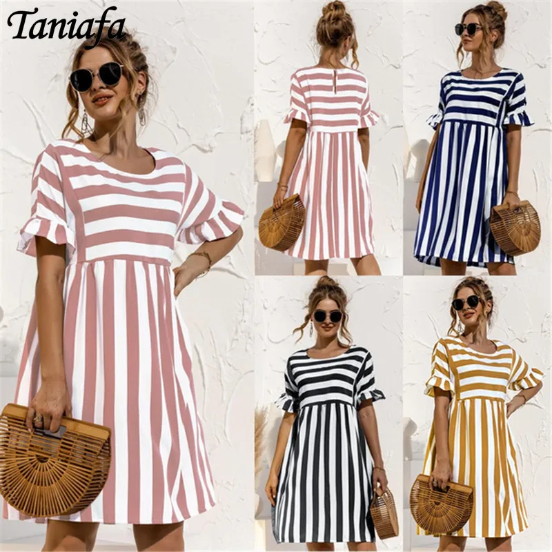 

2021 летнее Новое модное женское платье с круглым вырезом, повседневное свободное однотонное платье с короткими рукавами и рюшами, лоскутное ...