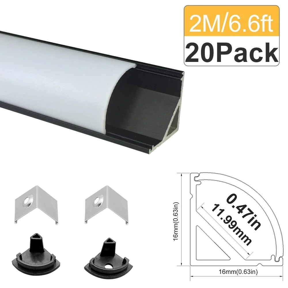 구매 V02 검정색 V 모양 LED 프로필 코너 알루미늄 프로파일, 유백색 또는 투명 커버, 2M(6.6ft), 12mm LED 스트립 조명용, 20 개 구매 V02 검정색 V 모양 LED 프로필 코너 알루미늄 프로파일, 유백색 또는 투명 커버, 2M(6.6ft), 12mm LED 스트립 조명용, 20 개