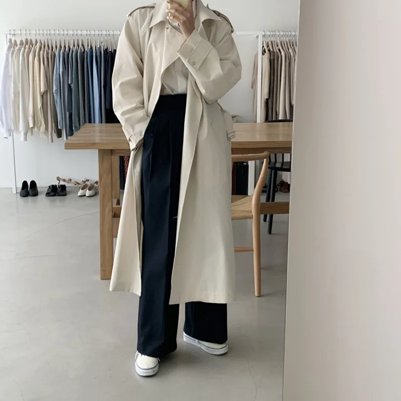 

Chic Trench Loose Mid-length Solid Turndown Collar Windbreaker Jacket With Belt Women Long-sleeves Trench