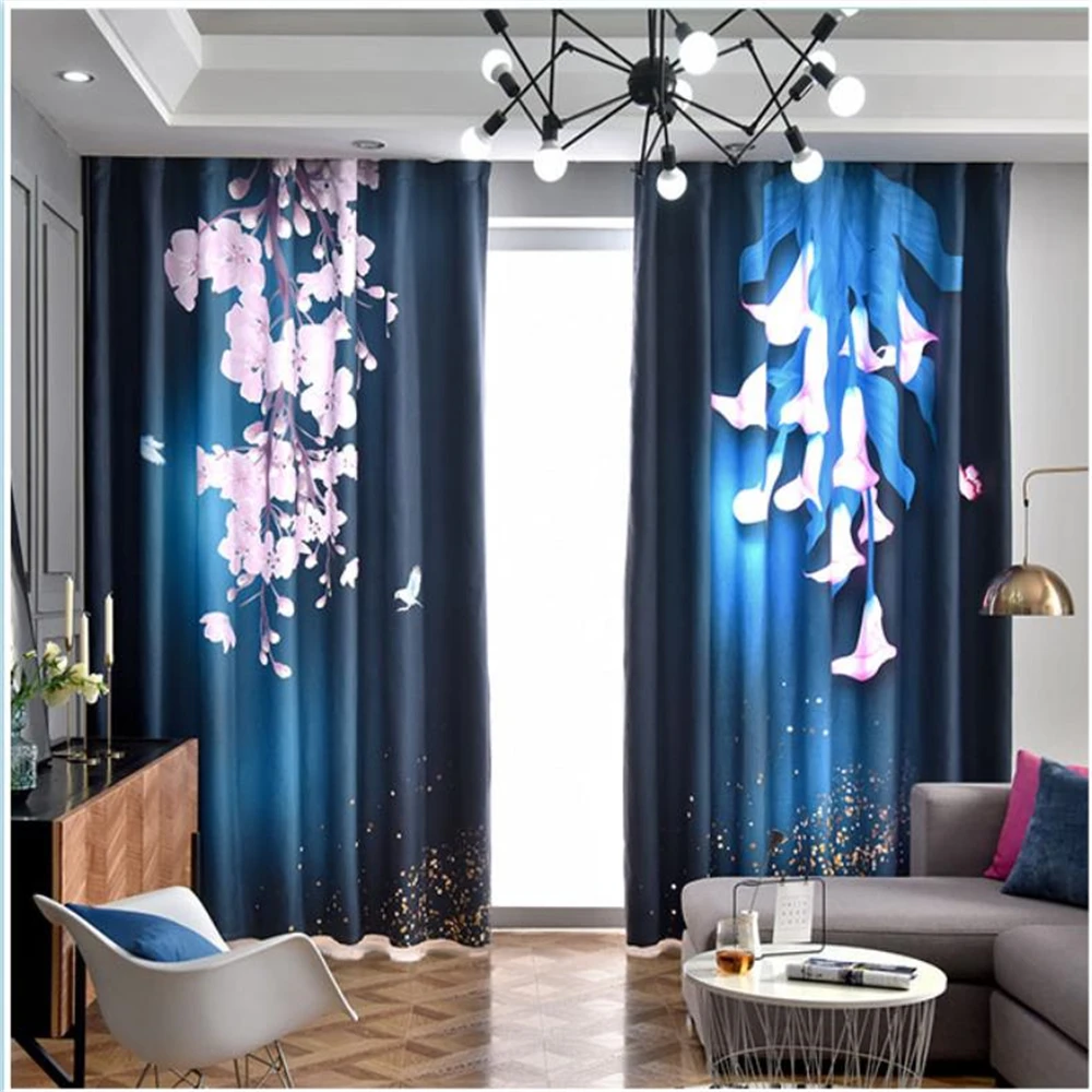 Шторы блэкаут синие вишневые занавески с 3d принтом лилии Роскошные для гостиной |