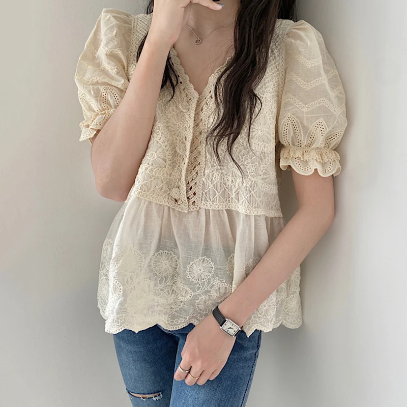 

ZAWAHIKI Korean Chic Summer Tender Women's Shirt V Neck Heavy Patchwork Lace Embroidery Loose Puff Sleeve Tops Solid Blouse