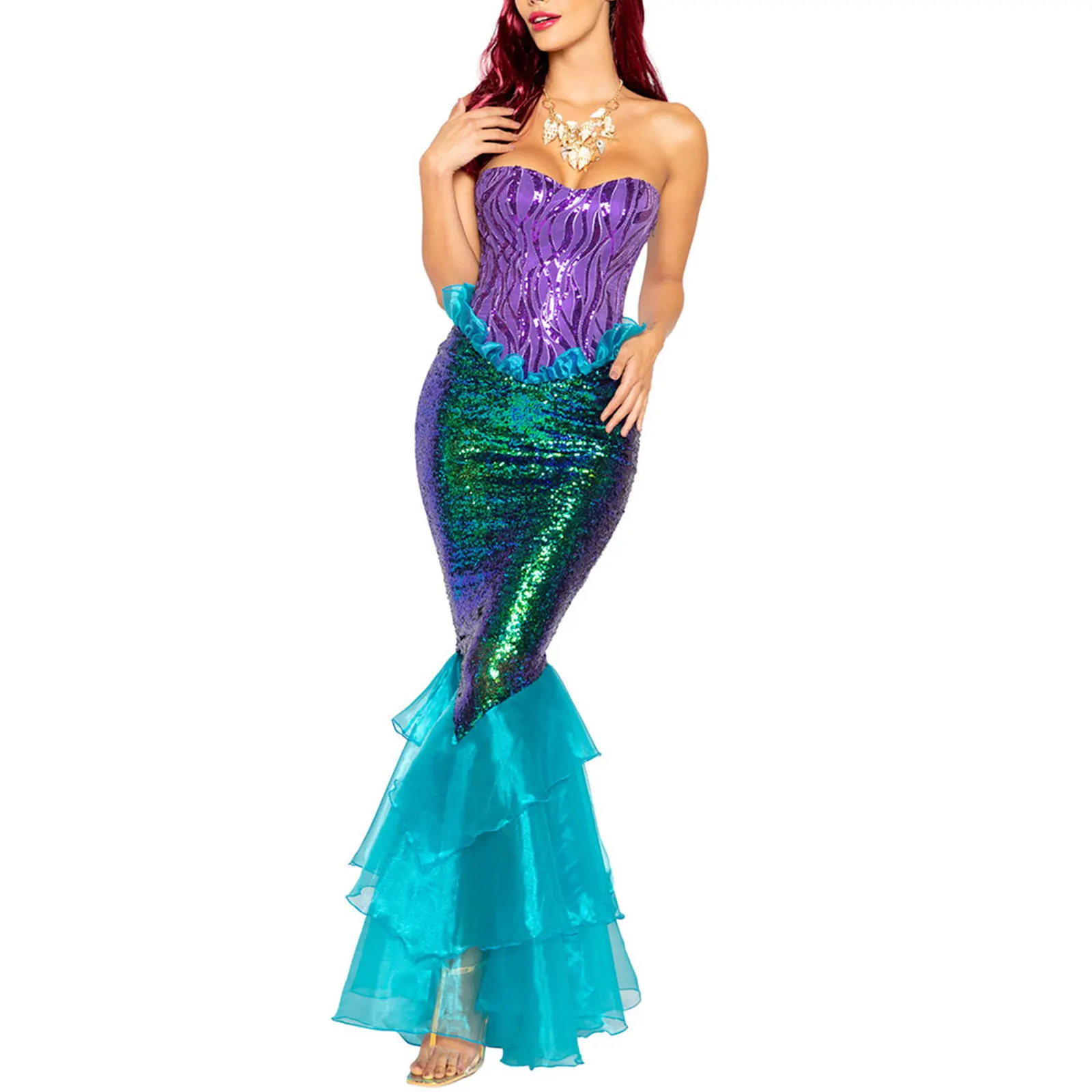 

Anime Sexy Mermaid Ariel Princess Costumes Adult Women Halloween Mermaid Masquerade Uniforms Dress Up Fancy Sequins Ruffle Dress