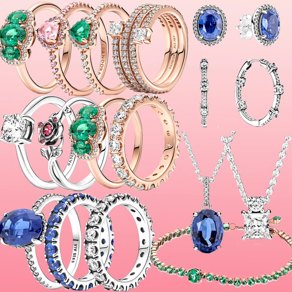 

Зима 2021, новинка, Набор браслетов из голубого и зеленого драгоценного камня, шармы Pandora, оригинальное серебро 925 пробы, самодельные украшения...