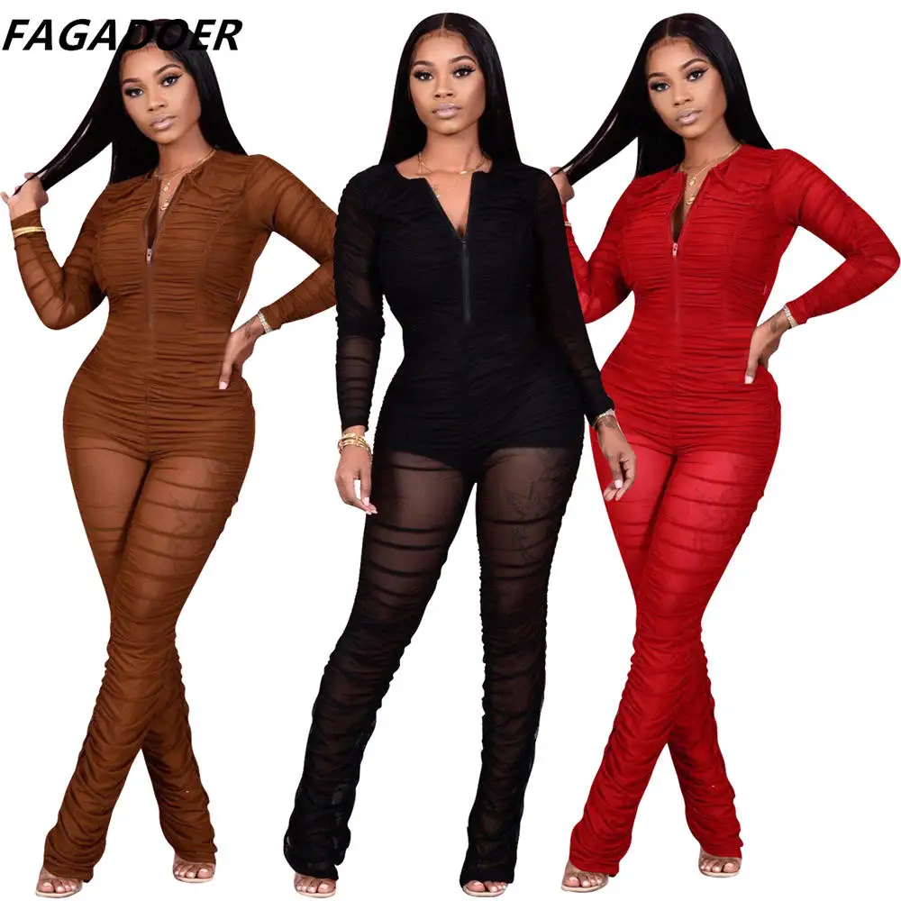 

FAGADOER Sexy Mesh Perspective Bodycon Jumpsuit Women Zip Long Sleeve Stacked Design Playsuits Female Nightclub Party Overalls