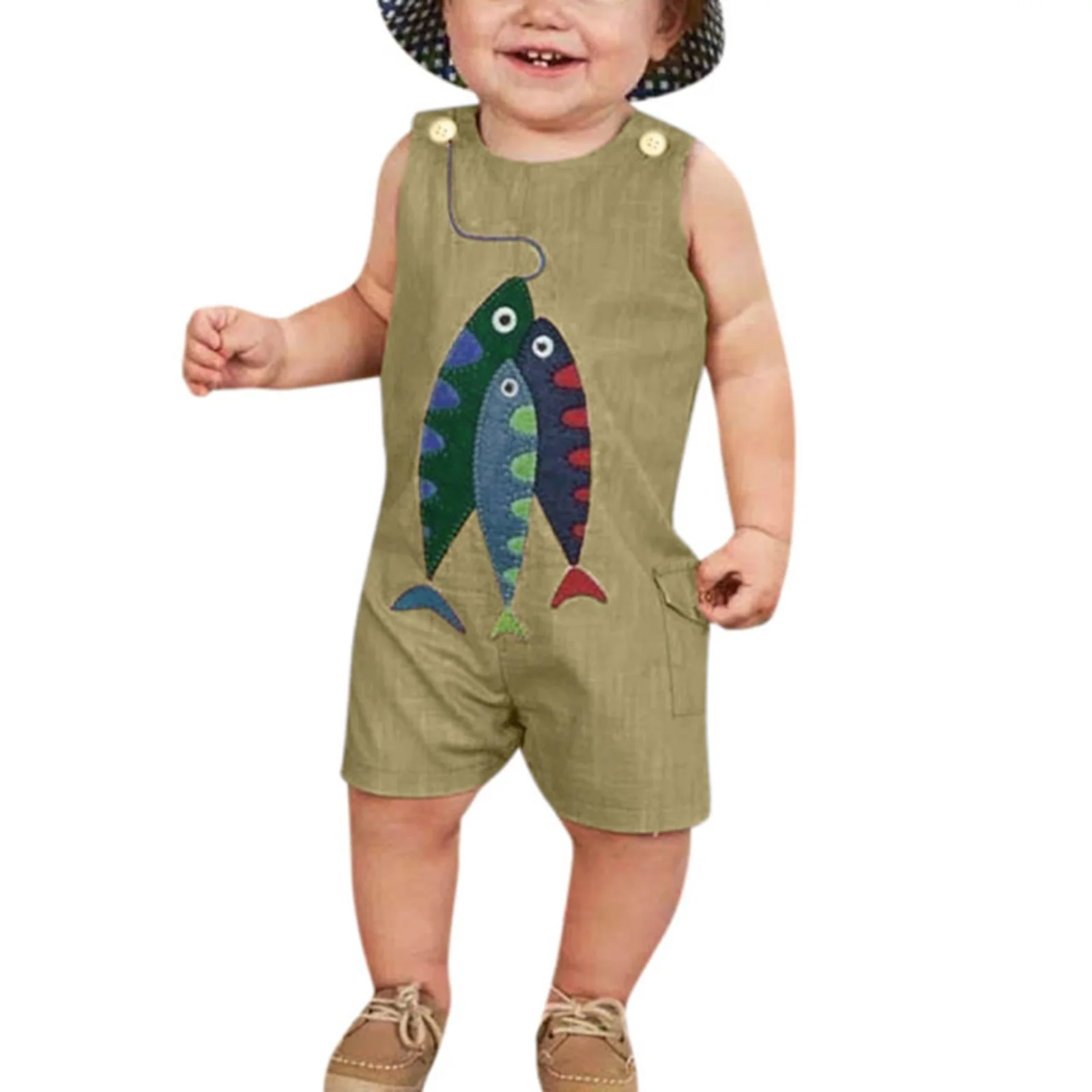 

4 Colors Summer Toddler Kids Sleeveless Romper with Small Fish Pattern Button Decoration Summer Clothing for 0-24M
