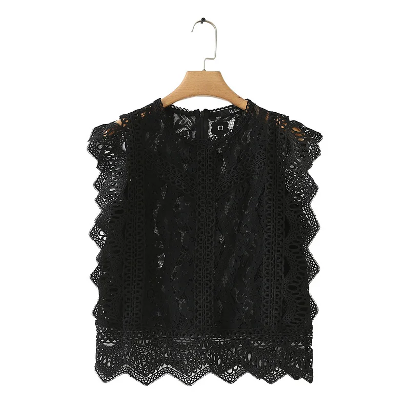 Женский милый Кружевной укороченный топ без рукавов с круглым вырезом