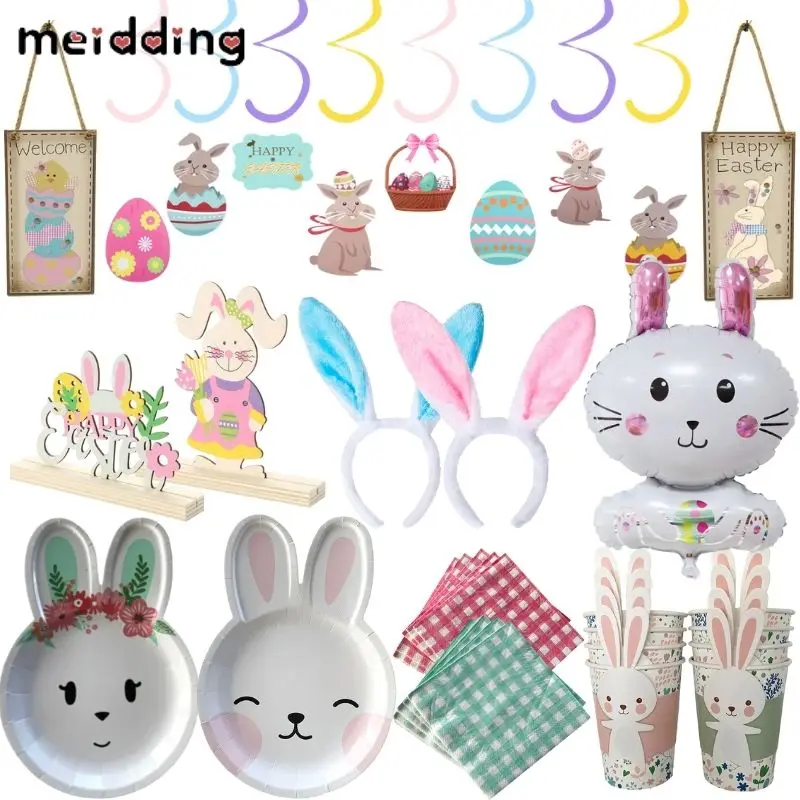 

Easter Party Bunny Disposable Tableware Decor Paper Plates Cake topper Wooden Rabbit Desktop Decor for home Easter Child gift