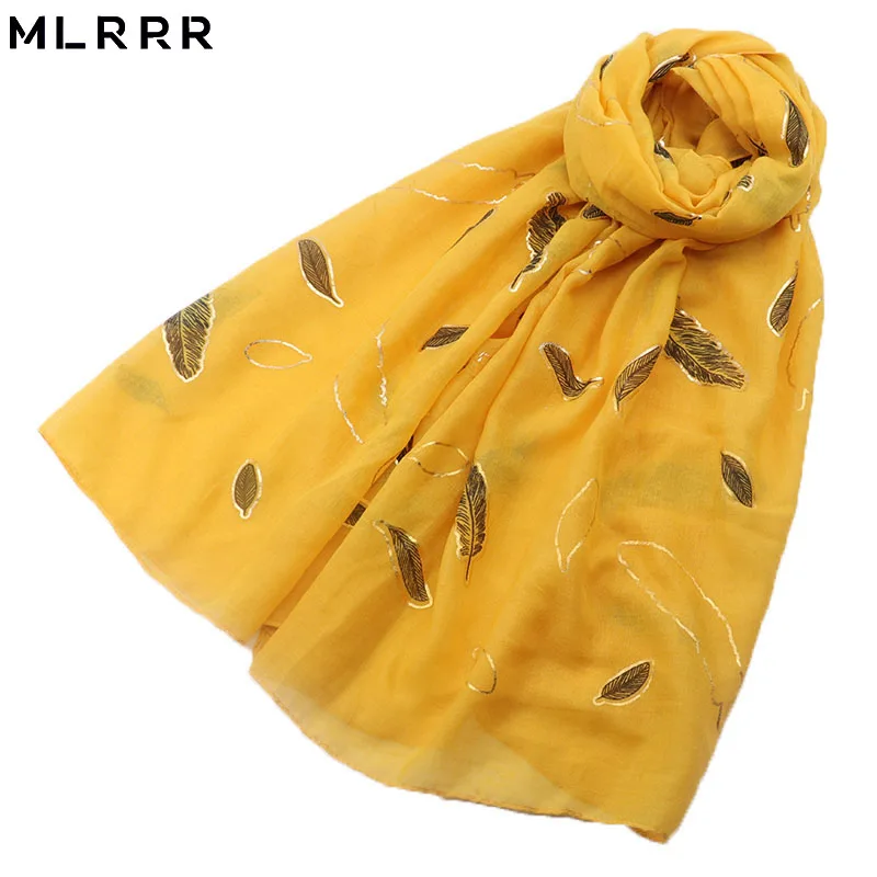MLRRR Новая мода перо печать шарф горячее тиснение золотом длинный для женщин