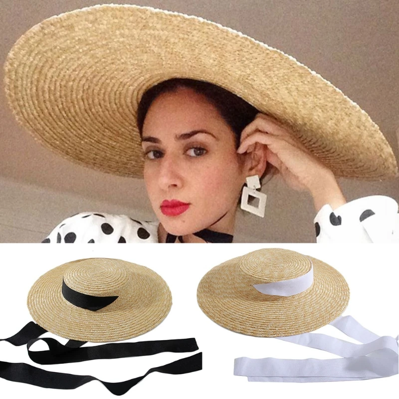 

Womens Summer Large Wide Brim Flat Top Straw Sun Hat Vintage Long Ribbon Chin Strap Travel Sunscreen Floppy Beach Cap