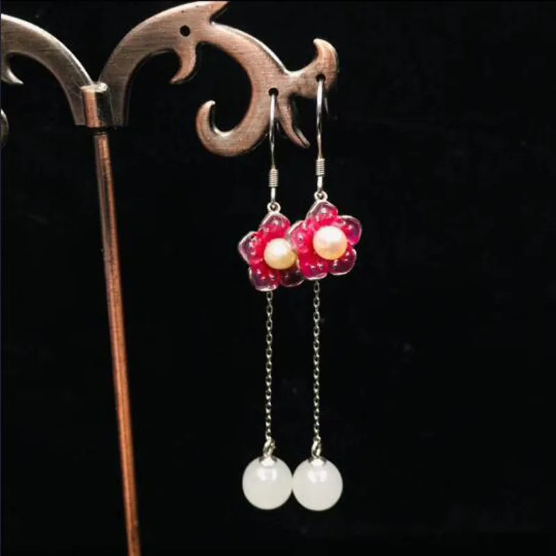 

HOT Selling 925 Sterling Silver Hetian White Jade With Red Flower Set Bead Earrings For Women Jewelry Charm Christmas Gift