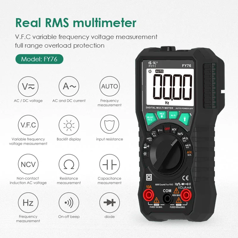 FY76 black 6000 counts Multimeter NCV Digital Multimeter True-RMS Auto Ranging AC/DC Voltage Meter Multimetro Digital Multimetr Voltmeter - Цвет: FY76 black