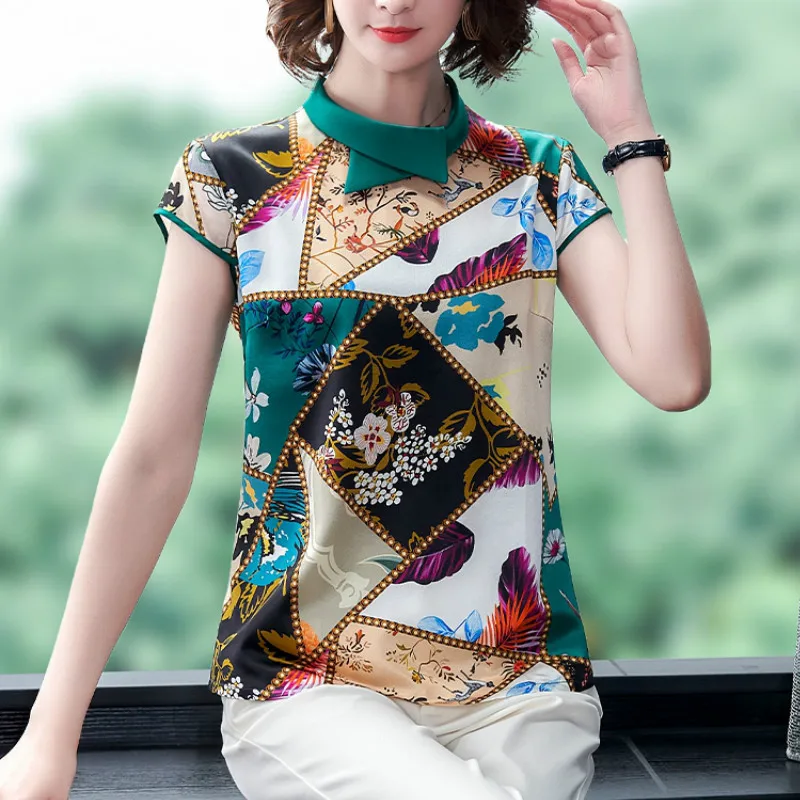 

Summer Women Print Silk Blouses Lady Short Sleeve Satin Shirts Femme Summer Print Silk Tops