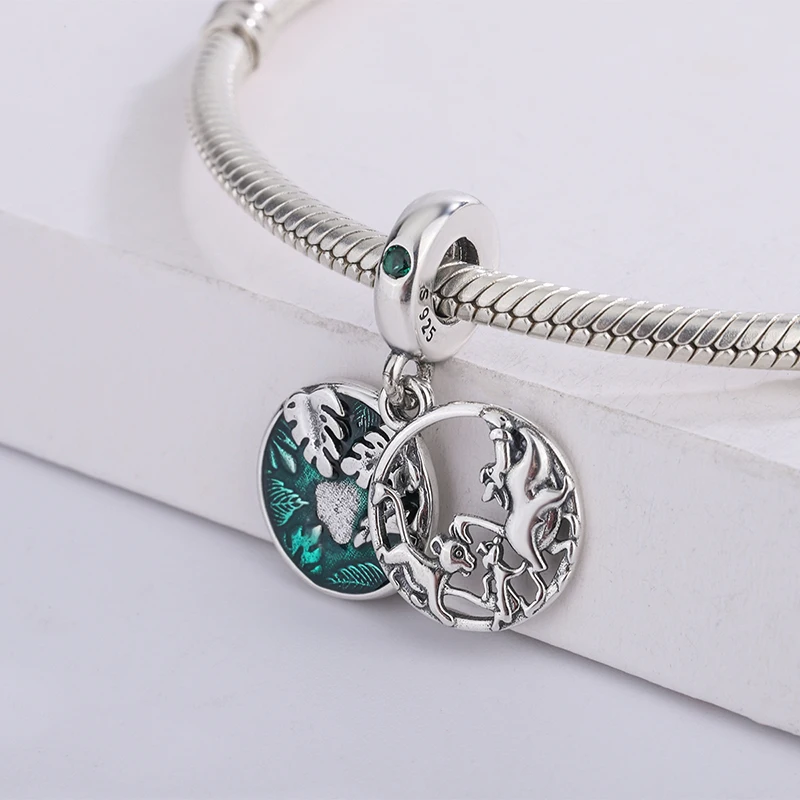 

925 Sterling Silver Timon & Pumbaa Dangle Charm Lion Shape Animal Green Enamel Charm For Snake Chain Bracelet DIY Jewelry Making