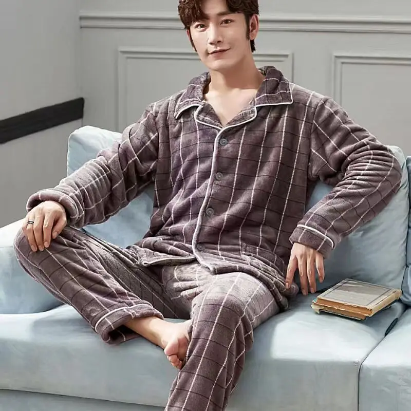 2 Pieces Winter Man Thicken Warm Soft Pajamas Female Flannel Pajamas Set Mujer Long Sleeve Sleepwear for Man Male Pyjamas