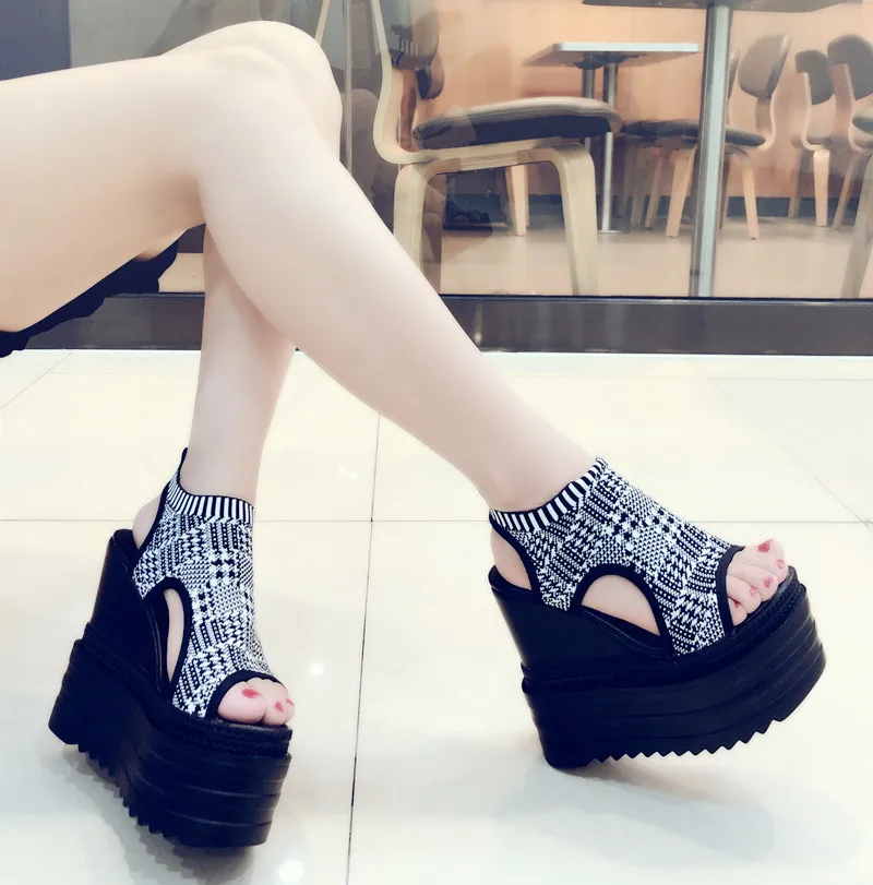 Летние модные женские босоножки Каблук 13 см Обувь на платформе Шикарные кожаные