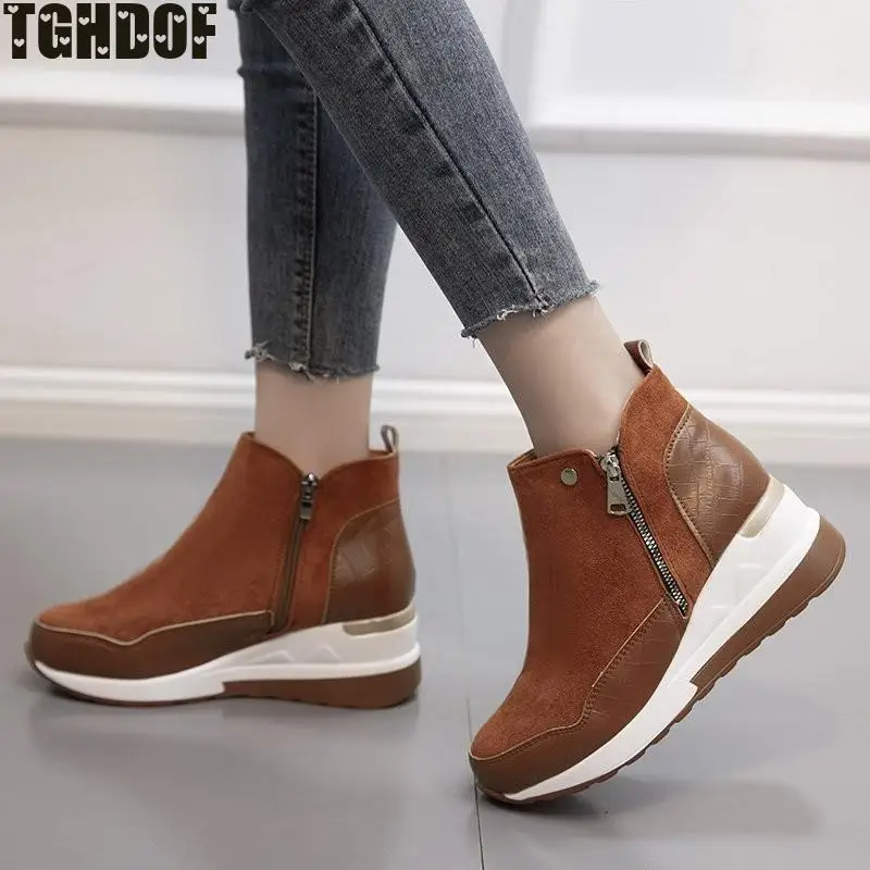 Shoes Women's PU Fashion High-top Flannel Casual Shoes Women's All-match Flat-bottom Zipper Walking Ladies Breathable Flat Shoes