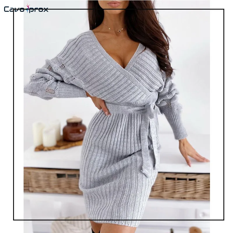 V-Neck Surplice Wrap Ribbed Batwing Sleeve Sweater Bodycon Dress Women Chic Solid Pullover Slim Fit Spring Fall Jumper |