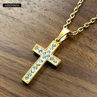 assomada cross necklace for women and men gold color stainless steel crystal jesus pendant fine link chain fashion jewelry gift