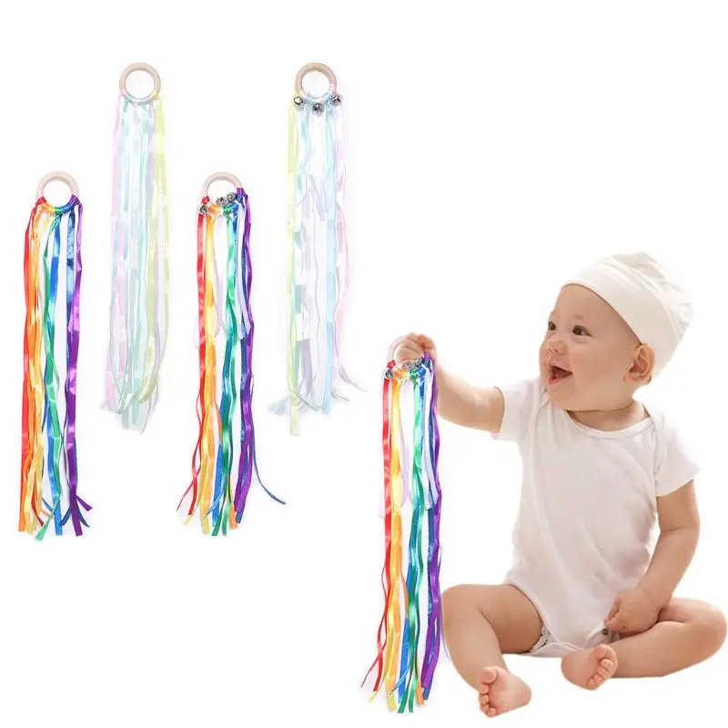 

Rainbow Natural Wooden Ribbon Newborn Sensory Bell Toy Shower Gifts Dancing Prop