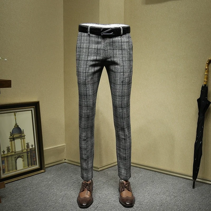 Formal British Grey Plaid Wool Blazer Suit Men Office Costume Homme Bridegroom Wedding Suits Jacket+Vest+Pants Woolen 3pcs Set | Мужская