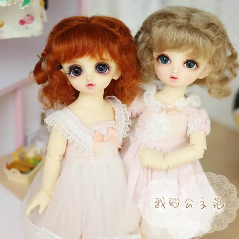 Bybrana bjd 1/3 1/4 1/6 1/8 мохер принцессы двойная оплетка короткие кудрявые волосы, розовые, желтые, морковь светильник коричневый пользовательские кукольный парик