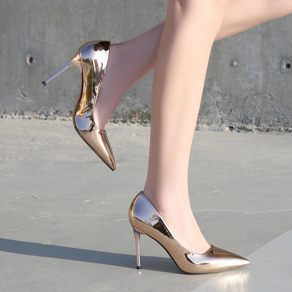 

Sexy High Heels Women Shiny Heels Patent Leather Metallic Silver Gold Wedding Shoes Ladies pointed heel shoes Women 2021 Size 46