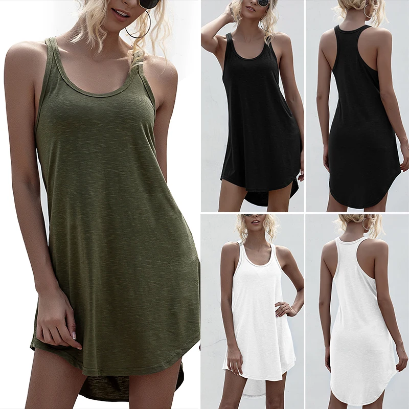

Женское летнее мини-платье без рукавов с u-образным вырезом, повседневные однотонные свободные домашние платья-майки