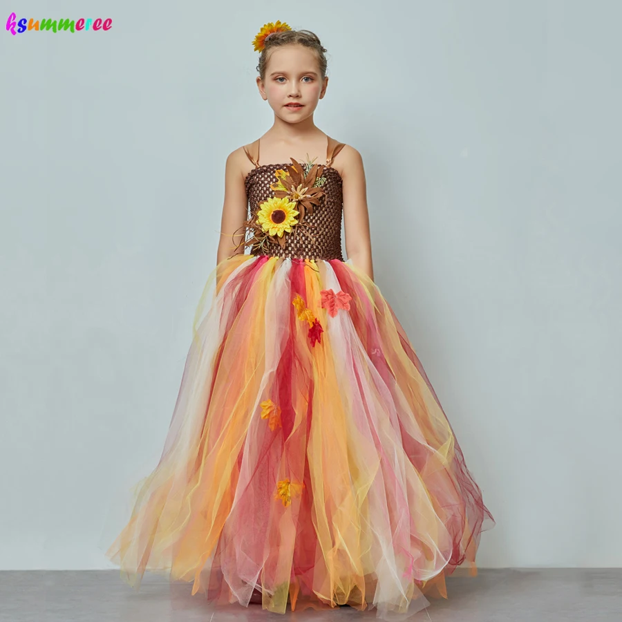 

Girls Autumn Leaf Flower Tutu Dress Fairy Fall Princess Rustic Wedding Flower Kids Tulle Dress Girls Birthday Party Outfit