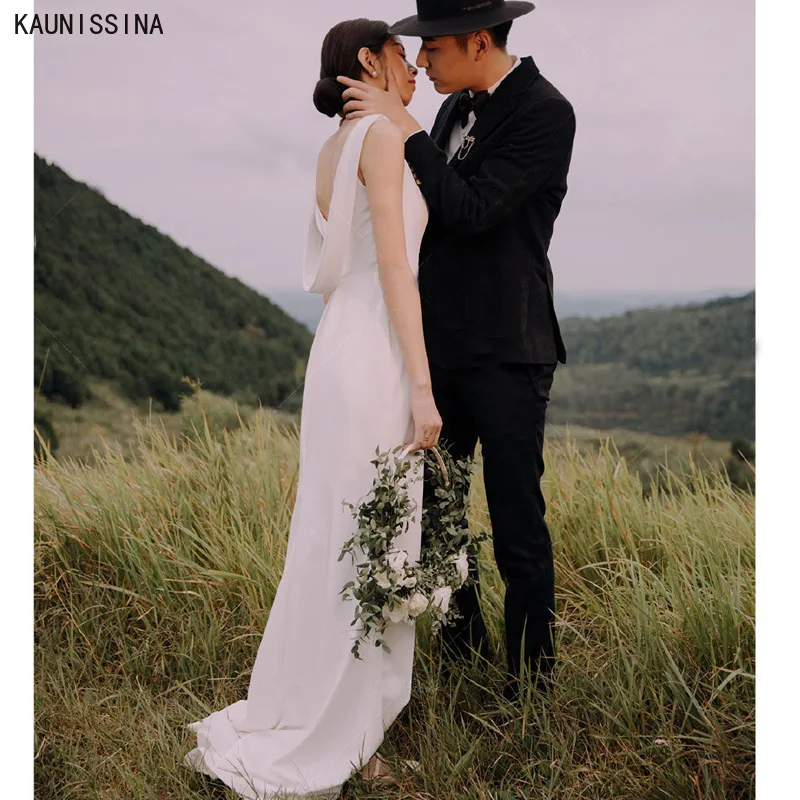 

KAUNISSINA New Satin Wedding Dresses Backless Bohemia Sexy Sweep Train Bridal Gowns Custom Size Wedding Party Dress for Bride