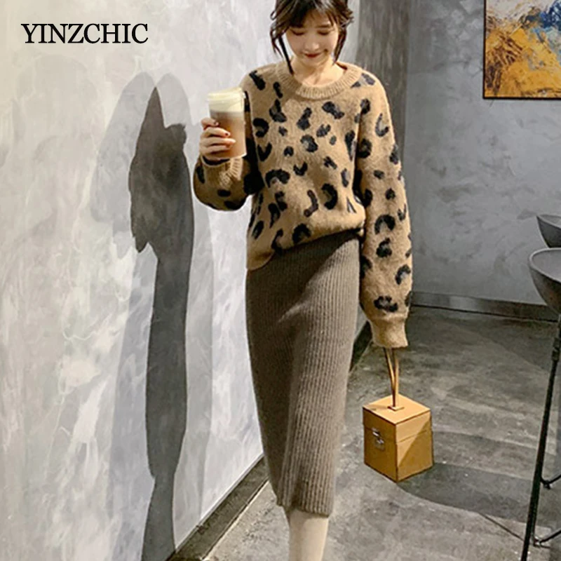 

2020 Autumn Woman Knit 2PCS Set Leapard Print Loose Sweater Pencil Skirt Suits Casual Female Knitted Suit Sets Winter Basic Warm