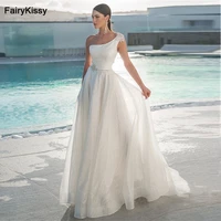 fairykissy puffy sleeve tulle wedding dresses floor length off the shoulder a line simple wedding party gowns for bridal 2021