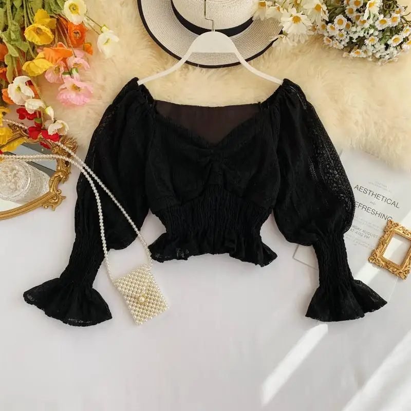 2019 new fashion women's blouse shirt Fresh and sweet short lace lantern sleeve | Женская одежда